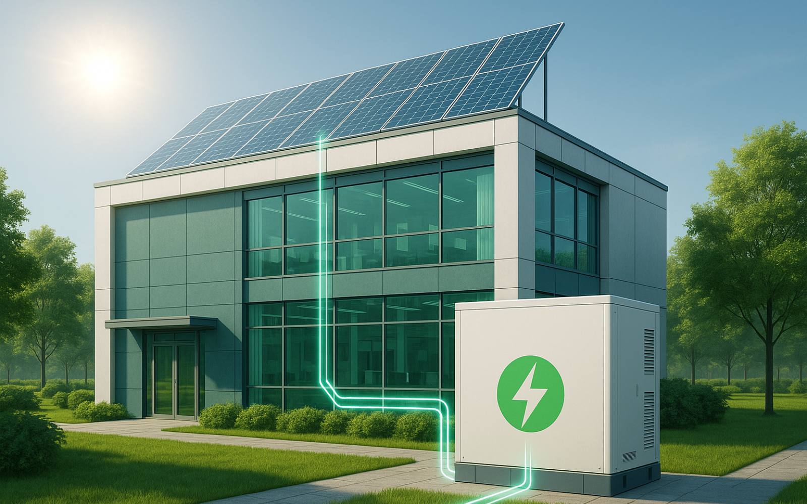 Photovoltaik-Module und Batteriespeicher in einem Firmengebäude